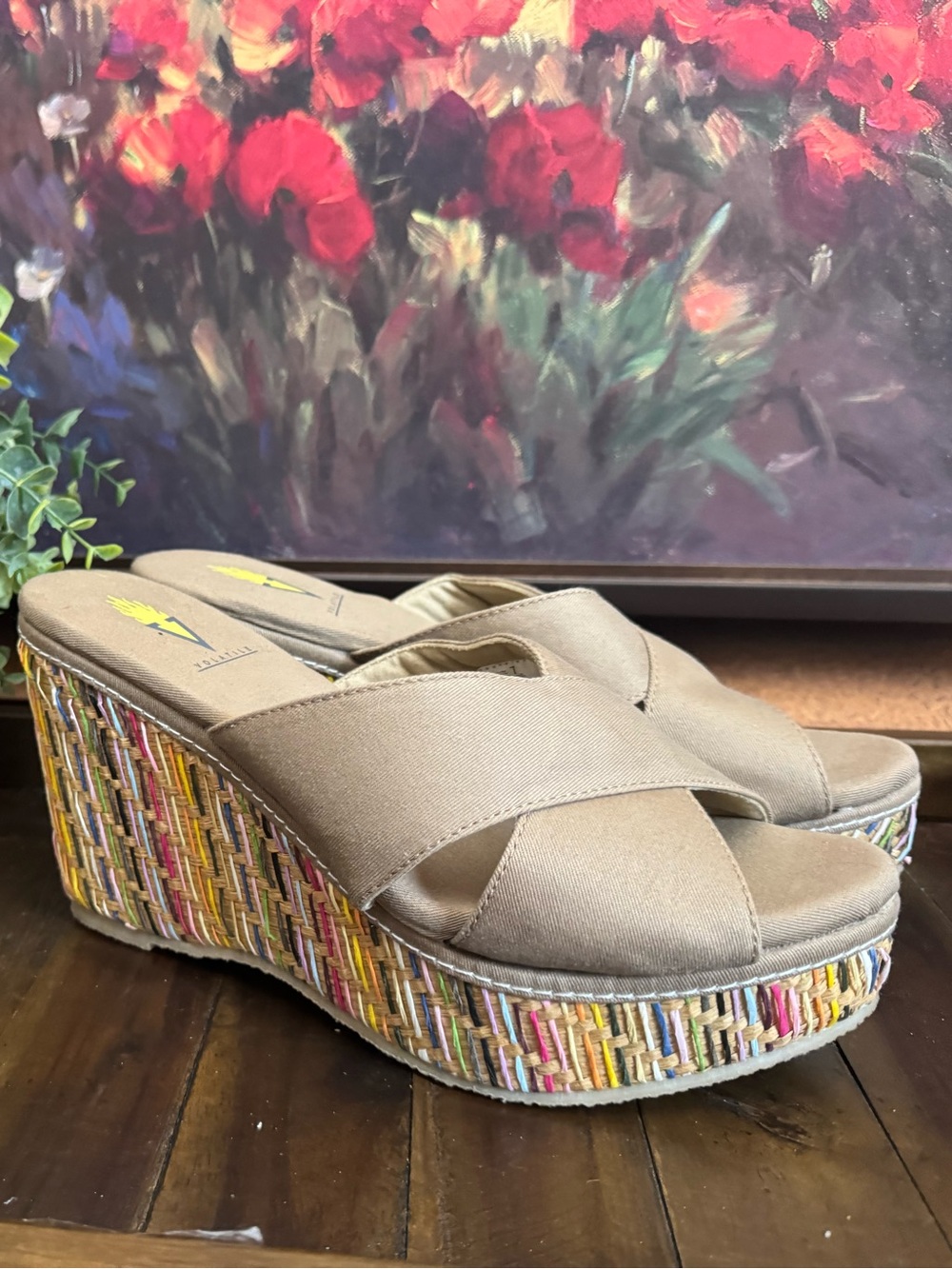 Volatile Taupe Crisscross Wedge Sandals with Multicolor Woven Platform